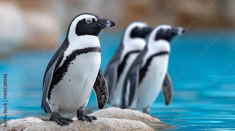 Obraz premium Three penguins are standing on a rock in front of a body of water. The penguins are black and white, and they appear to be enjoying the view of the water