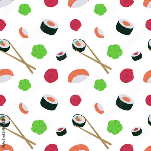 Vibrant and clean seamless vector pattern featuring various sushi elements including maki rolls, nigiri, wooden chopsticks, wasabi dollops, and pickled ginger swirls.