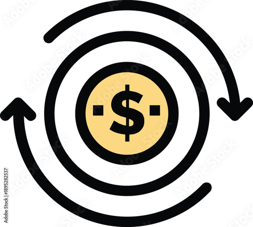 Cash circulation and transaction cycle represented by looping arrows and currency symbol