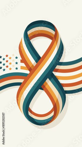 Stylized number eight with patriotic striped ribbons and stars
