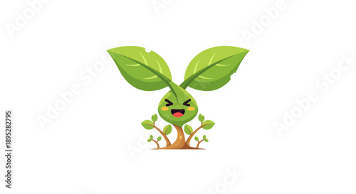 Close-up view of a green leaf‑covered cartoon character frowning on dirt, illustrated in style