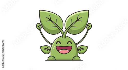 Cheerful cartoon plant creature smiling with leaf ears, front view illustration on white background