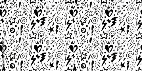 Black and white doodle pattern with hearts stars and lightning bolts