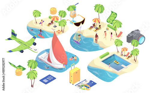 Beach background set. Vector isometric pools with people swimming and relaxing, seacoasts with sunbathers and palm trees, sunglasses and cocktails, yachts and airplanes, tickets and luggage