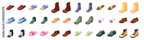Footwear collection. Vector isolated isometric shoes for male and female. Sneakers and boots, heels and slippers for travel and home use. Retail and ecommerce, catalog or product presentation design