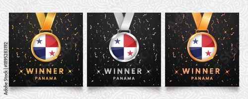 An esteemed set of gold, silver, and bronze medals, prominently displaying the flag of Panama, presented on a dark background embellished with festive confetti and shimmering highlights, ideal for hon