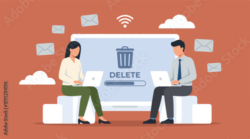 People Deleting Digital Data and Emails Online with Laptops Illustration