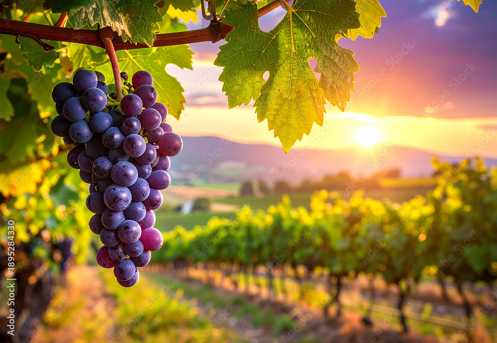 Fototapeta premium Violette Trauben hängen bei Sonnenuntergang an den Rebstöcken