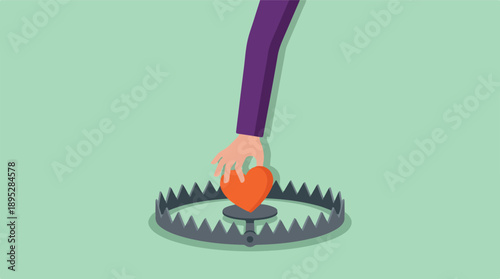 Temptation and danger, hand reaching for heart in a trap illustration