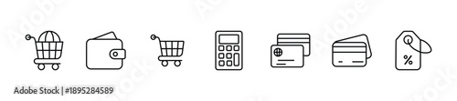 Minimal Line Icon Set Featuring Shopping Cart, Wallet, Calculator, Credit Card, POS Terminal and Secure Payment Symbols for E-Commerce, Web and Mobile App UI Design.