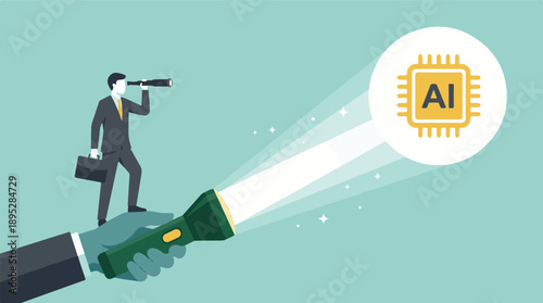 Businessman explores Artificial Intelligence future with guided vision