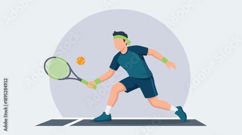 Male tennis player in dynamic action, hitting a shot on the court