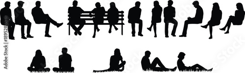 Collection of black human silhouettes sitting and lying down on white background Keywords: silhouette, people, sitting, lying