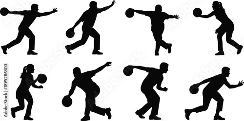 Black and white bowling player silhouettes collection showing men and women throwing bowling balls in dynamic sport action poses