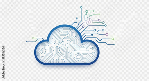 Cloud computing icon with circuit board and connections on transparent background for technology and data storage concepts