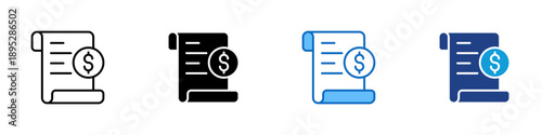 Financial Agreement Multiple Style Icon Design Vector - Contract document with dollar sign representing payment terms, financial obligation, and business agreement