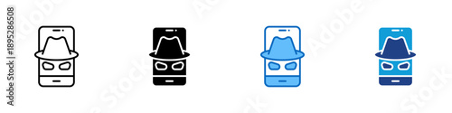Incognito Mode Multiple Style Icon Design Vector - Smartphone with hat and mask representing hacking, anonymous access, and data protection