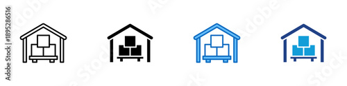Warehouse Storage Multiple Style Icon Design Vector - Storage building with stacked boxes representing inventory management, logistics storage, and goods handling