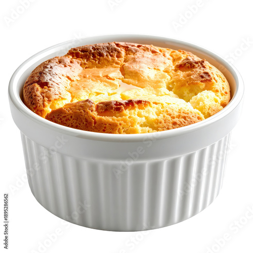 Golden baked soufflé in a white ramekin, delightful culinary creation isolated on white background