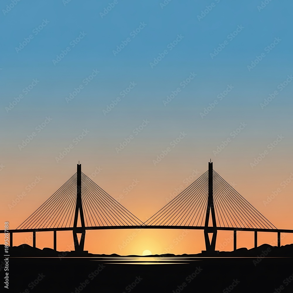 Fototapeta premium Silhouette of cable-stayed bridge at sunset.