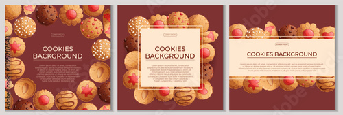 A set of colorful backgrounds with delicious cookies. The concept of confectionery, baking, cooking. Vector illustration for the design of posters, flyers, postcards, invitations