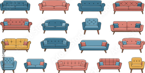 Cartoon sofa and armchair furniture vector set with colorful modern couches for living room interior design projects