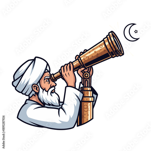 An ancient scholar gazes through a brass telescope, tracking the crescent moon to signify the sacred start of Ramadan, embodying celestial study and spiritual wisdom