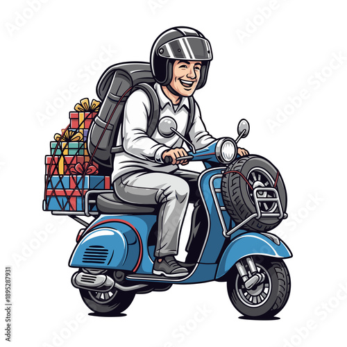 Joyful delivery driver on a scooter, bringing festive gifts and happiness during the Ramadan season of giving and celebrating generously
