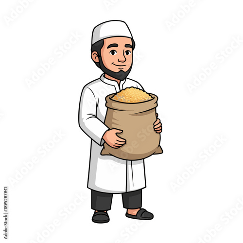Illustrative depiction of a benevolent Muslim man holding a sack of grains, symbolizing Zakat and charitable giving during the holy month of Ramadan, promoting compassion and community support