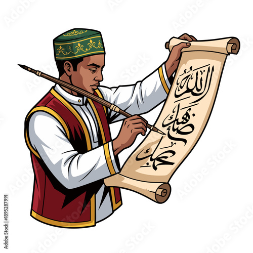 A dedicated calligrapher meticulously inscribing sacred Arabic scripture onto an antique parchment scroll, symbolizing deep cultural heritage and the spiritual essence of the holy month of Ramadan