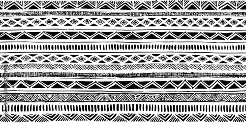 Black and white geometric pattern with repeating tribal inspired stripes