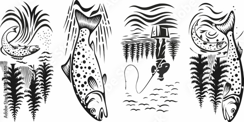 Stylized fish illustrations with forest and water elements in black and white