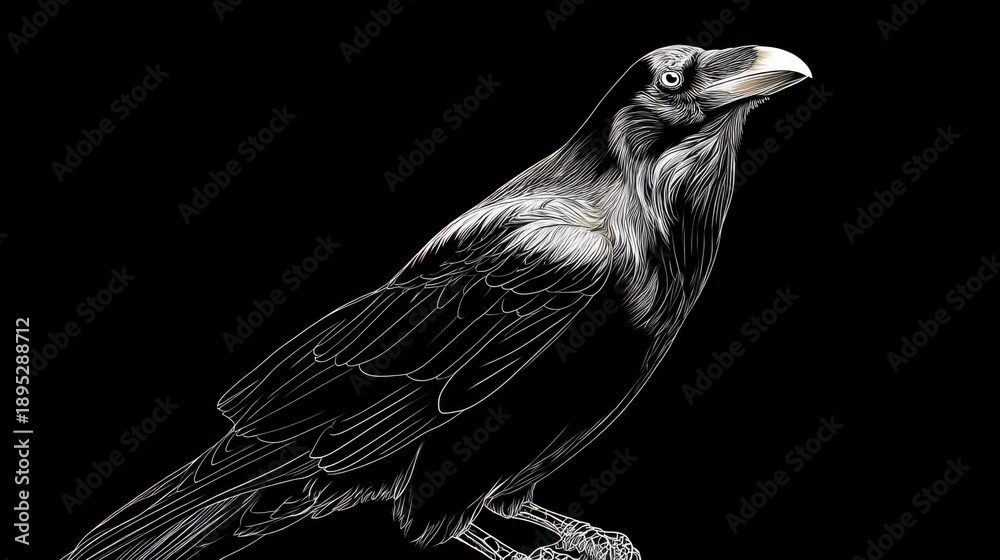 Fototapeta premium Elegant black raven with intricate line art on dark background