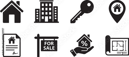 Real estate property investment and home buying concepts flat design vector illustration with house, apartment, key, location, document, sale sign, mortgage, and calculator icons