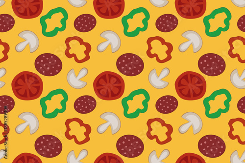 Vibrant seamless vector pattern of classic pizza ingredients like sliced tomatoes, pepperoni, bell peppers, and mushrooms on a yellow background ideal for pizzeria branding and kitchen textiles.