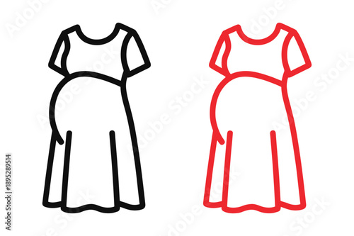 Simple line art illustrations of pregnant women wearing dresses, side by side comparison of black and red outlines on a clean background from a straightforward viewpoint