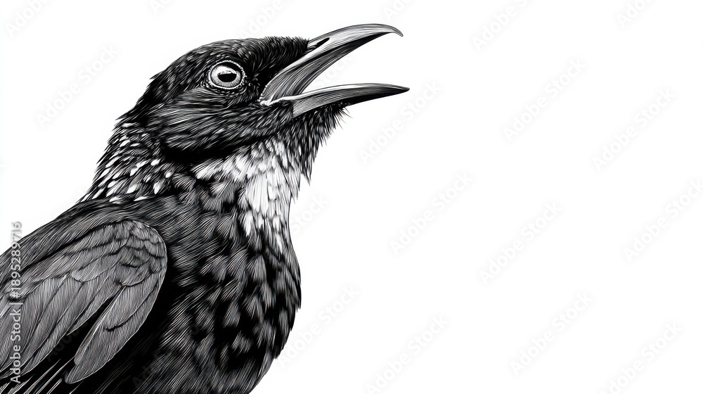Fototapeta premium Detailed Illustration of a Singing Bird with Open Beak in Black and White