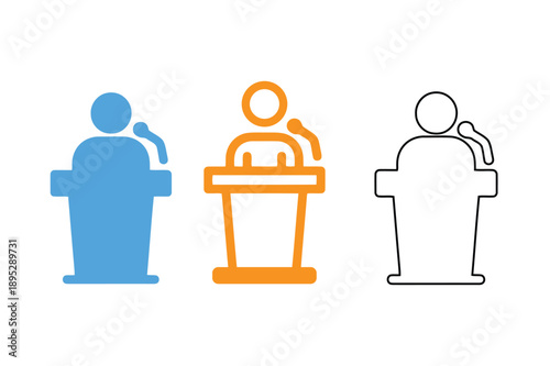 Three public speakers standing at podiums giving presentations in a conference or meeting setting from a straightforward viewpoint