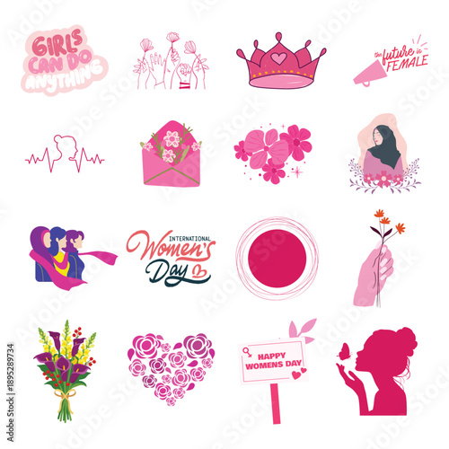 Girl power icon collection. Vector pink symbols of crown megaphone and hearts for Women's Day empowerment design