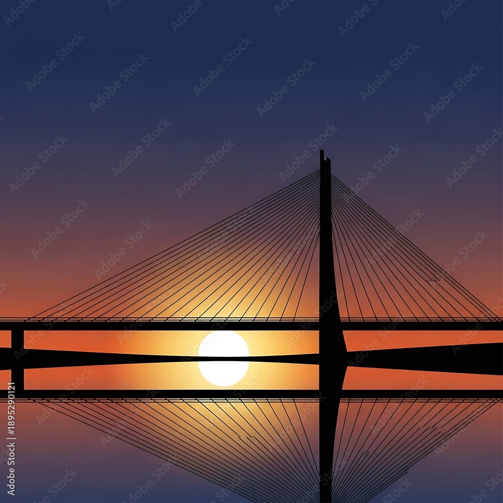 Obraz premium Sunset behind a cable-stayed bridge.