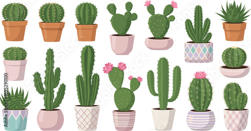 Cute cactus and succulent plant vector set in decorative pots with flowers for modern home decor design