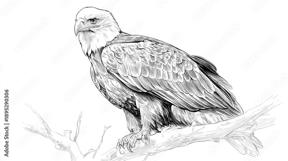 Fototapeta premium Detailed Sketch of an Eagle Perched on a Tree Branch