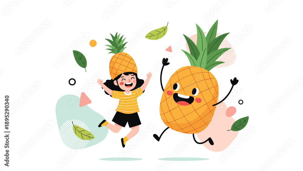 Fototapeta premium Cheerful young girl wearing a pineapple hat jumping alongside a happy, anthropomorphic pineapple character with floating leaves.