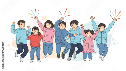 Diverse group of cheerful young people wearing hoodies jumping together with arms raised in a celebration of friendship and joy.
