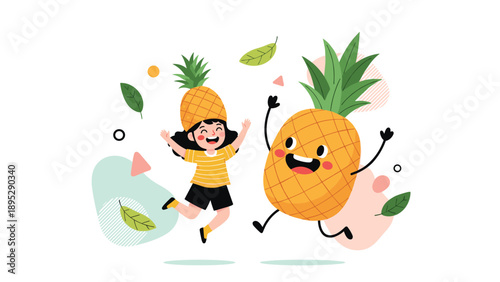 Cheerful young girl wearing a pineapple hat jumping alongside a happy, anthropomorphic pineapple character with floating leaves.
