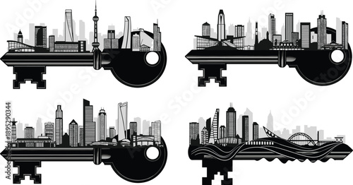 Set of creative key silhouettes with city skyline skylines, representing real estate success, urban property access, global metropolitan housing solutions,