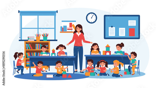 Active primary school classroom where a teacher guides several students engaged in reading, group work, and playing with blocks.