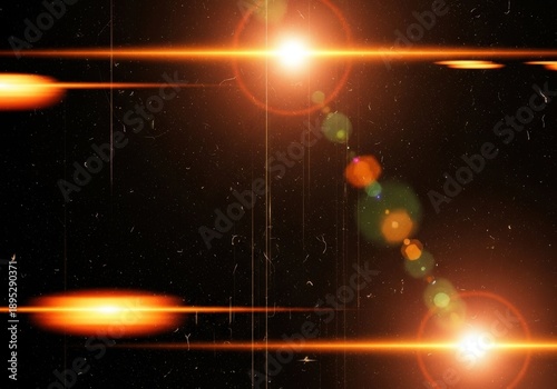 Vibrant orange lens flares and light streaks against a dark cosmic background