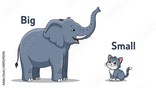Simple educational illustration demonstrating the concept of size by comparing a very big elephant with a very small kitten.