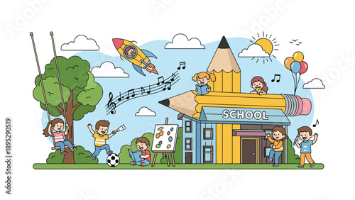 Imaginative school building shaped like a giant pencil with children engaged in various educational and play activities outside.